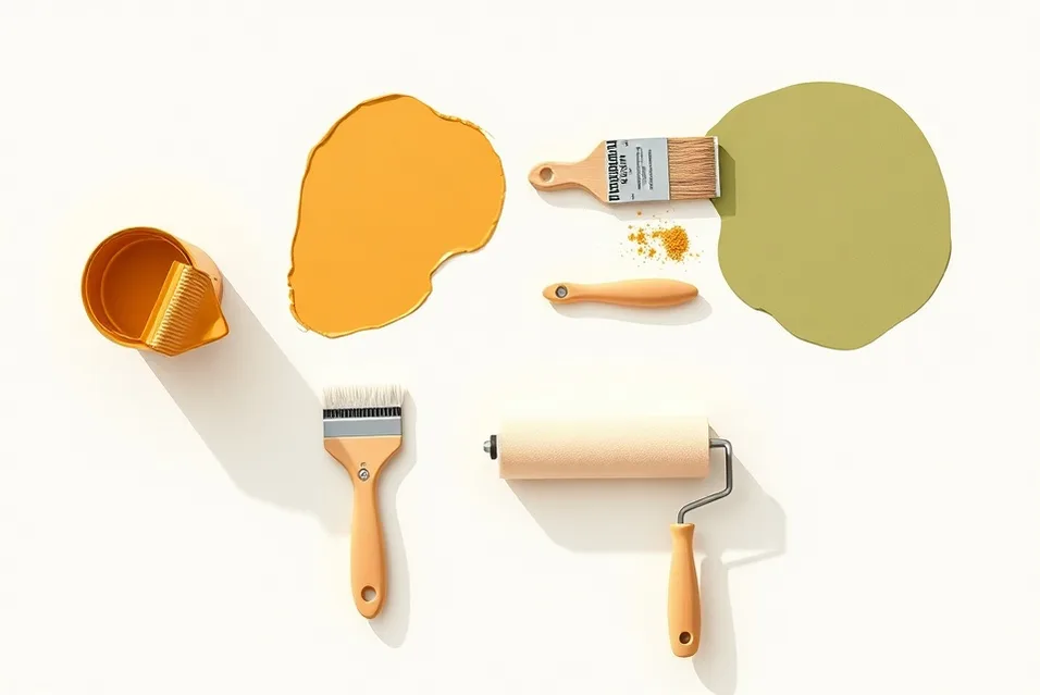 Outils de peinture disposés dans l'ordre des étapes du chantier