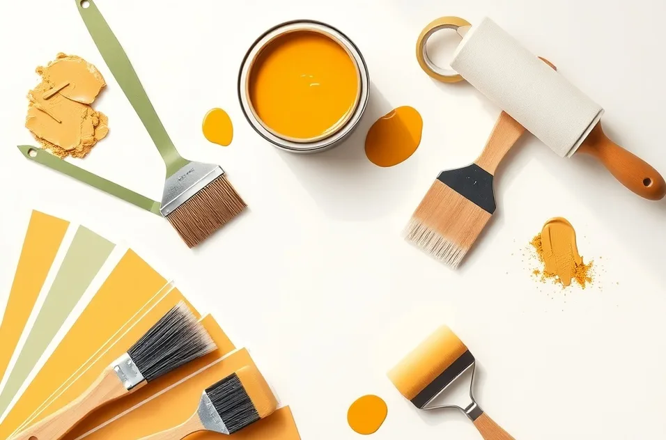 Pots de peinture, nuancier, brosses et rouleaux disposés à plat