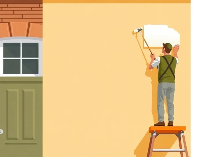 Peintre sur échafaudage traitant la façade d'une maison